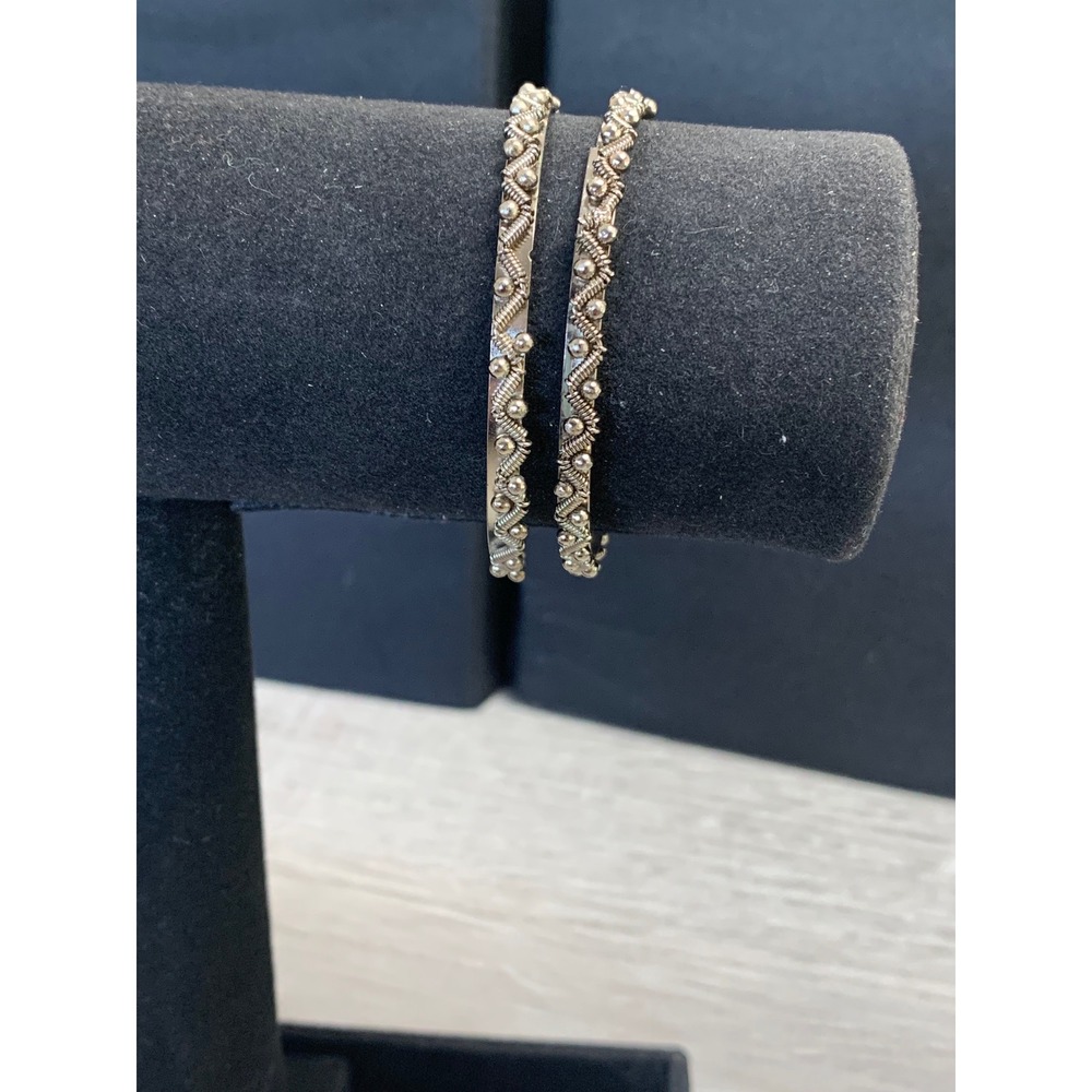 Silver Tone Ornate Twisted Wire Bead Bangle Bracelets Set of 2 Boho Ethnic 6.5"